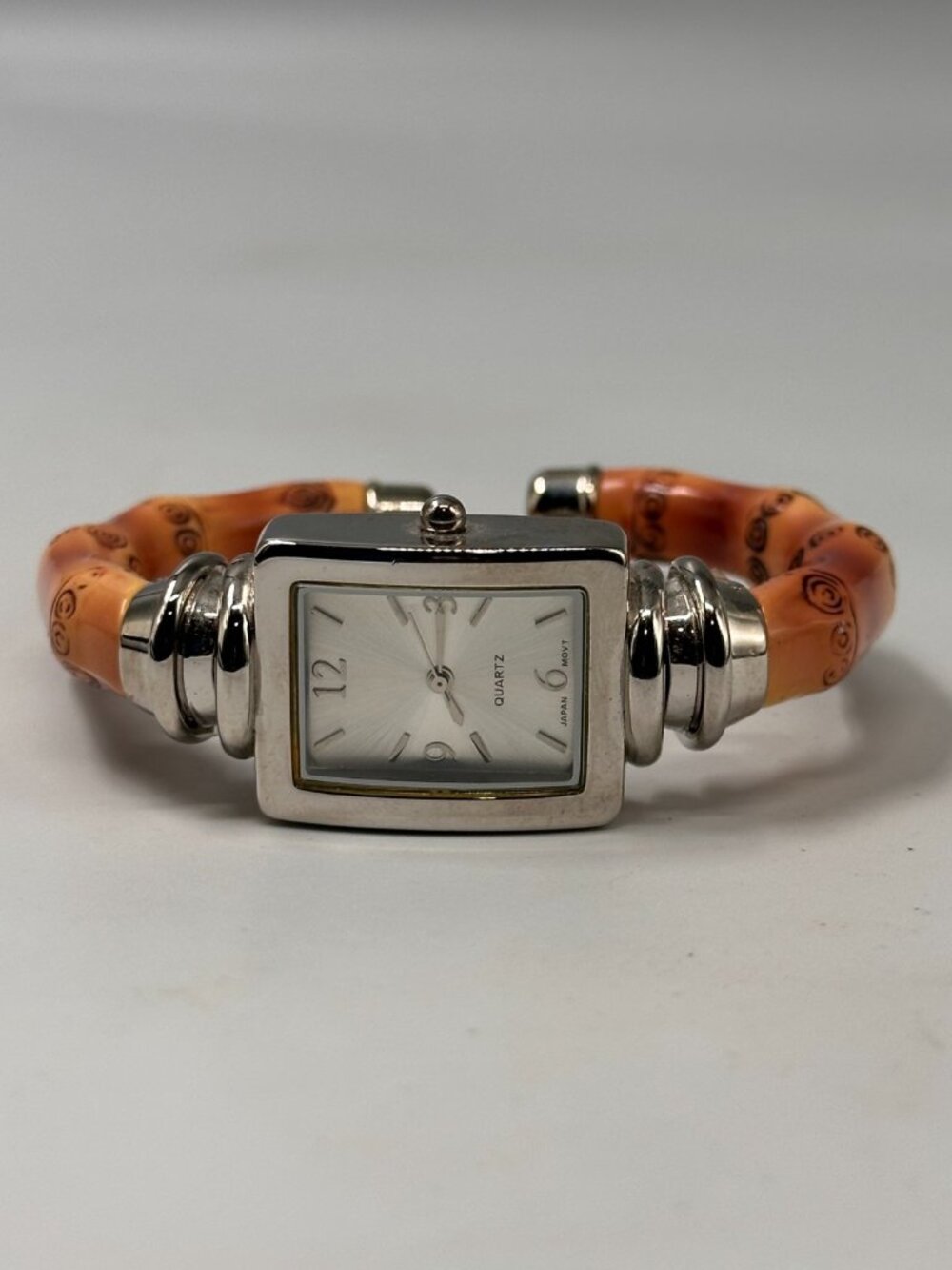 Accutime Women Watch Silver Tone Brown Bamboo Stick Cuff Band New Battery